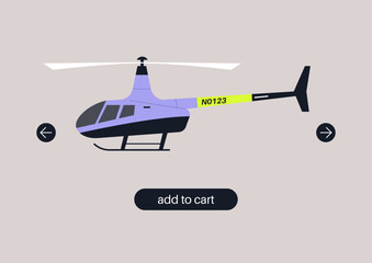 Add to cart interface, buying a helicopter online, rental service