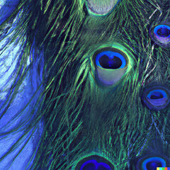 A striking poster print of a close-up of a peacock's feathers in shades of blue, green, and purple.