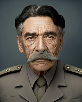 Portrait of a serious crooked senior hispanic man in police or military uniform, mugshot Image generated with generative AI