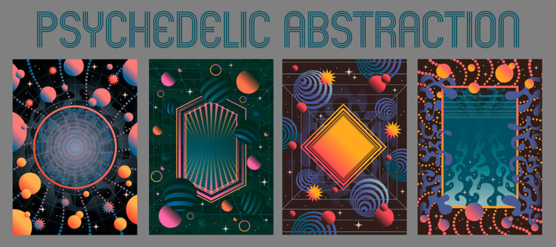 Psychedelic Style Abstract Geometric Posters. 1980s Retro Design Backgrounds Set
