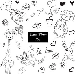 Love Animals Doddle Set in Black and White Colors. Vector Illustration.