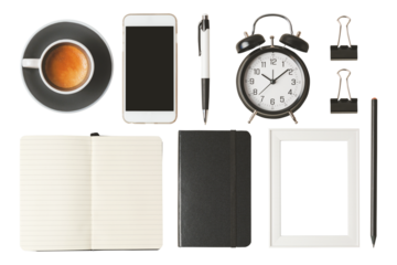 Office desk objects isolated on transparent background.  Top view, flat lay