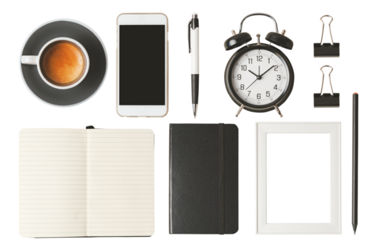 Office desk objects isolated on transparent background.  Top view, flat lay