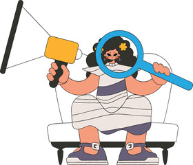 Stylish woman sits in a chair and holds a megaphone in her hand. Good for job search topics.