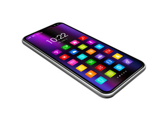 Smartphone with colorful icon set isolated on transparent background. 3D render