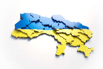 Ukraine map with flag colors and shadow on white background by 3D rendering.