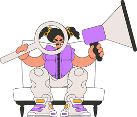 Attractive girl sits in a chair and holds a megaphone. Good for job search topics.