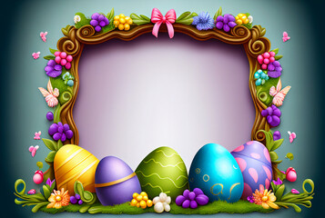 Decorated Easter Eggs and Flower Border Frame - Generative AI.
