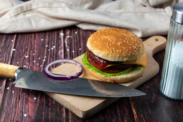 hamburger on a wooden table