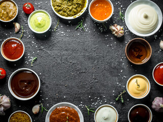 Variations of different types of sauces in bowls.