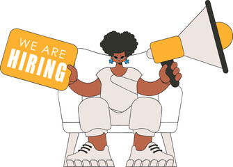 A young girl sits in a chair and holds a megaphone in her hand. Suitable for use in communications or protest thematic projects.