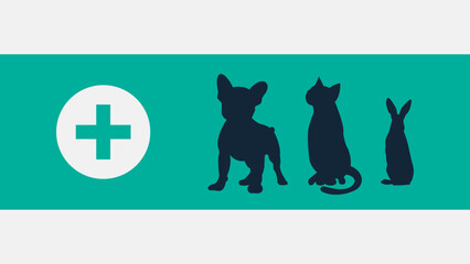 background for veterinary clinic or service. Animal silhouette on green background. Dark silhouette of rabbit, cat and dog.
