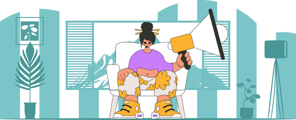 Vector illustration of a human resources specialist. Stylish girl sits in a chair and holds a megaphone.