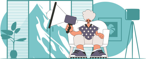 Vector illustration of a human resources specialist. A young man sits in a chair and holds a megaphone.