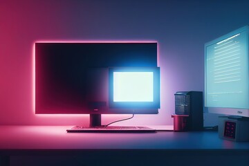 Gaming computer for video games with neon lights. Futuristic modern. AI