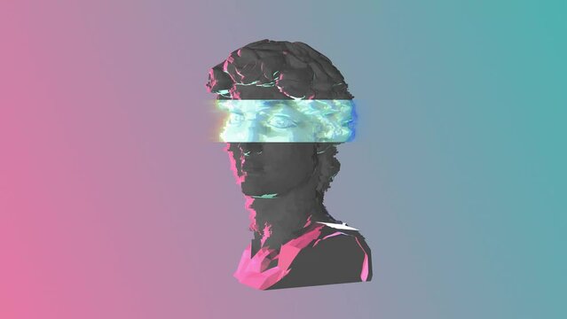 David Head 3D Glitch Effect Animation. Abstract  Futuristic Michelangelo's David Sculpture. NFT Crypto Art Concept. 