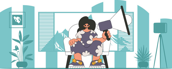 Stylized vector illustration of a HR representative. A stylish girl sits in a chair and holds a megaphone in his hand.