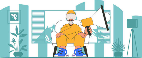 Vector illustration of a human resources specialist. A stylish guy sits in a chair and holds a megaphone in his hand.
