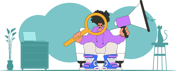 Vector illustration of a human resources specialist. An attractive man sits in a chair and holds a megaphone.