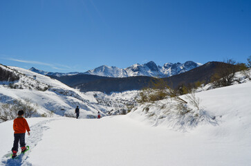 Fototapeta na wymiar Personas caminando con raquetas por un paisaje nevado y con cielo azul