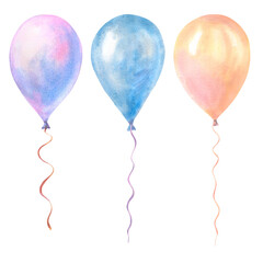 Watercolor set with pastel colors balloons, isolated on white background. Yellow, blue, violet holiday elements.