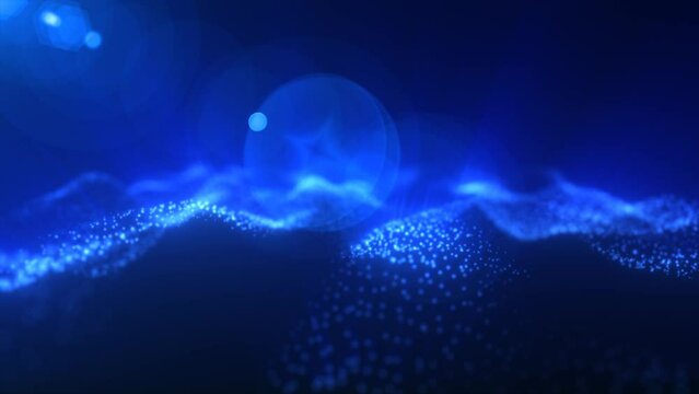 Abstract glowing blue magic energy wave from particles and dots bright shiny on a dark blue background. Abstract background. Video in high quality 4k, motion design