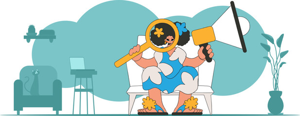Naklejka premium Stylized vector illustration of a HR representative. A stylish girl sits in a chair and holds a megaphone in his hand.