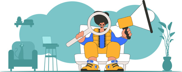 Stylized vector illustration of a HR representative. A young guy sits in a chair and holds a megaphone in his hand.