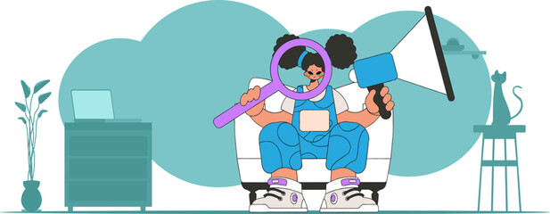 Stylized vector illustration of a HR representative. A stylish girl sits in a chair and holds a megaphone in his hand.