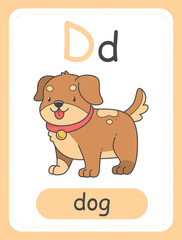 Alphabet card for children with the letter D and a dog. Educational card for kids. The word dog, English alphabet.