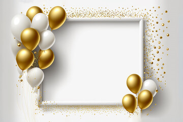 Gold shiny confetti and gold balloons on white background, middle has open space for your message copy, Celebration and party invitation concept