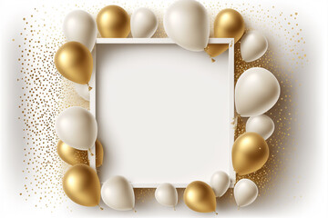 Gold shiny confetti and gold balloons on white background, middle has open space for your message copy, Celebration and party invitation concept