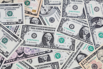 Close-up of assorted American banknotes