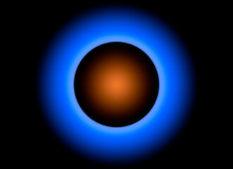 3d concept of a planet in space with a ring of blue blur and dark glowing center point on horizontal black background space for text