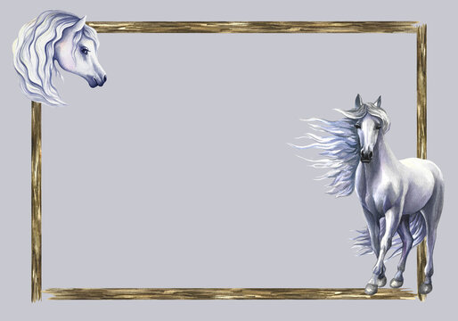 Wooden frame with a horse. Watercolor drawing. Photo frame design isolated on background. Background for presentations.