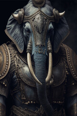 Beautiful elephant soldier with ancient fantasy armor. Generative AI.
