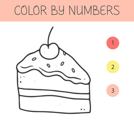 Color by numbers coloring book for kids with a cake. Coloring page with cute cartoon cake. Monochrome black and white.