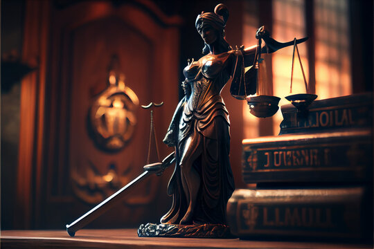 Lady Justice Kneeling Holding Scale and Sword and judgement - generative ai
