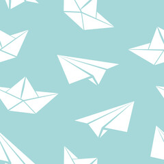 Seamless vector pattern of paper boat and plane on blue background