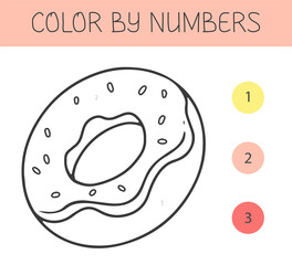 Color by numbers coloring book for kids with a donut. Coloring page with cute cartoon donut. Monochrome black and white.