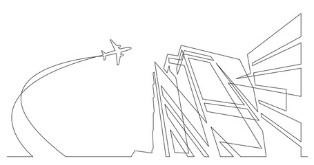 continuous line drawing vector illustration with FULLY EDITABLE STROKE of architecture city skyscrapers with airplane in sky