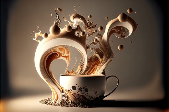 Digital illustration of coffee flying out of a white coffee cup on a brown background
