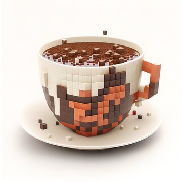 Pixel or voxel coffee cup icon on a white background. Concept creative idea for logo or website.