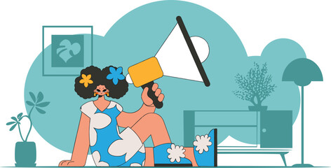 Vector illustration of a human resources specialist. An attractive woman sits on the floor and holds a megaphone in her hand.