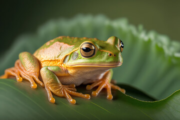 Obraz premium a green frog sitting on top of a leaf, macro, generative ai illustration 
