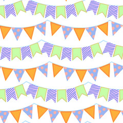 Festive bunting flags ornament. Flag garland cartoon vector seamless pattern. Bright modern design for celebration party, holidays, festival.