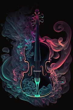 Creative musical illustration. Vector design of an abstract violin with elegant energy swirls on a dark background.