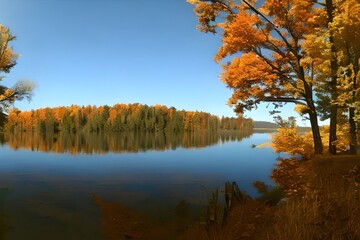 A lake surrounded by trees in the fall. Generative AI