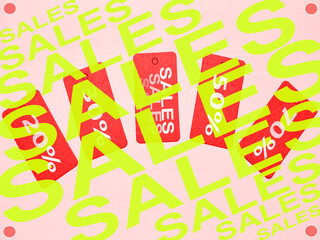 Poster with general sales, text and numbers, indicating percentages for offers and discounts. Bright colors.