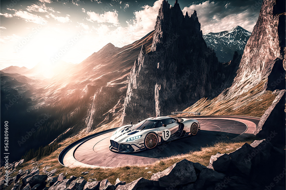 Poster a race car on a track in a rocky area with mountains in the background - generative ai